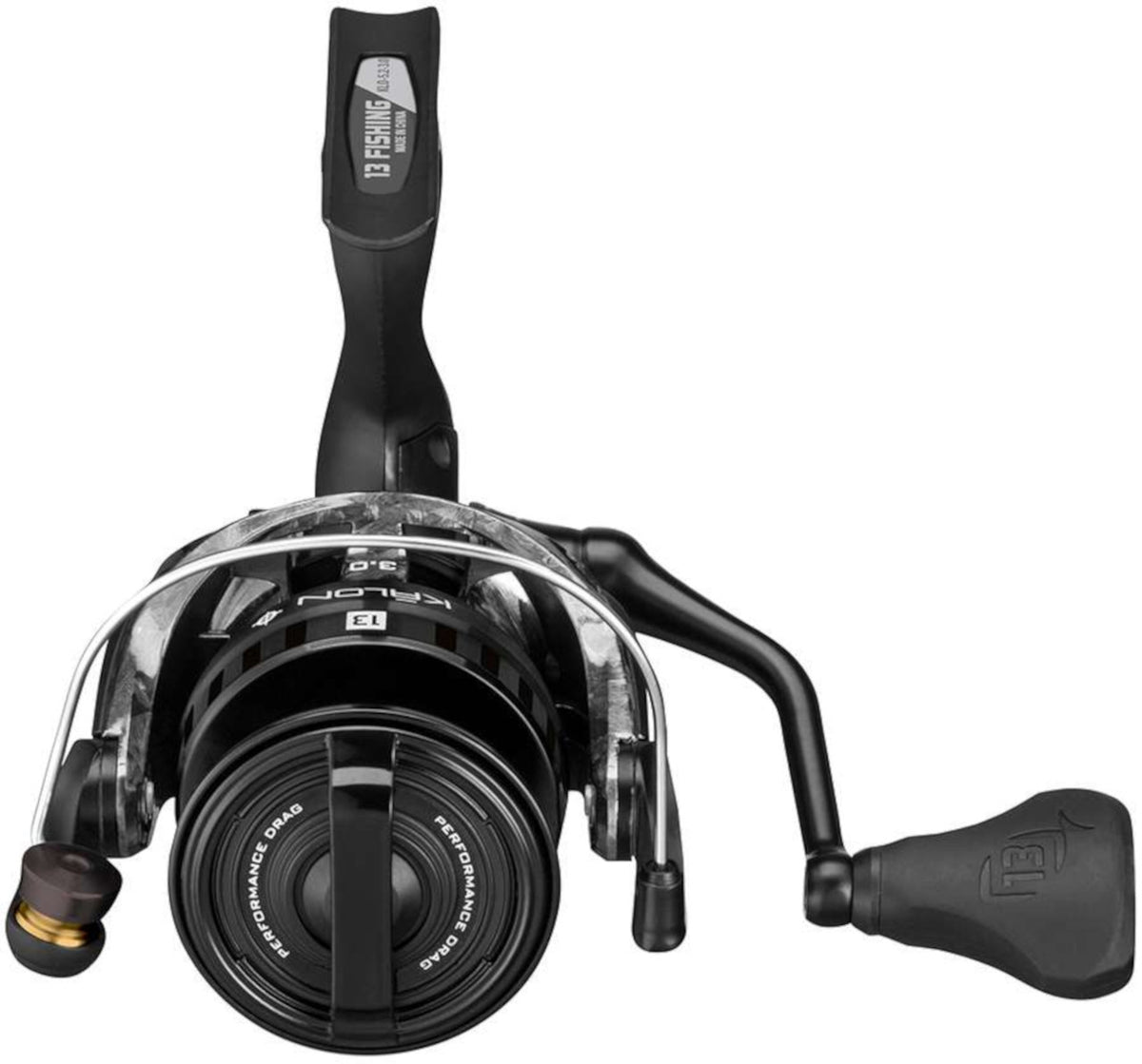 Back image of the 13 Fishing Kalon O "Blackout" Spinning Reel.