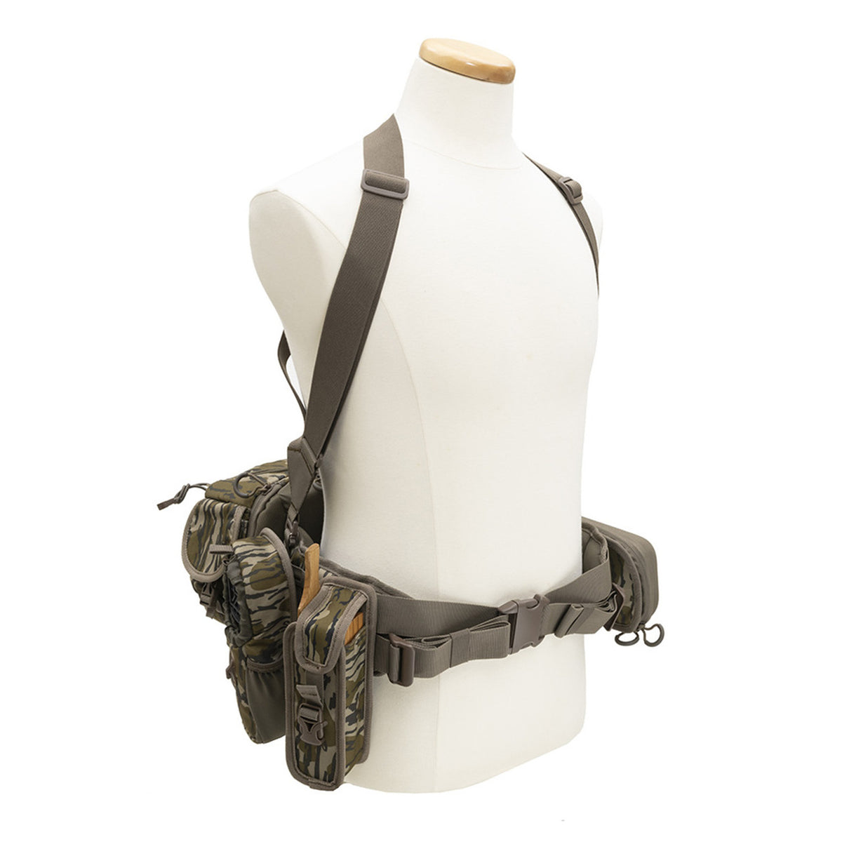 ALPS OutdoorZ Turkey Tracker Hybrid Lumbar/Fanny Pack System Front Angled Image in Mossy Oak Original Bottomland