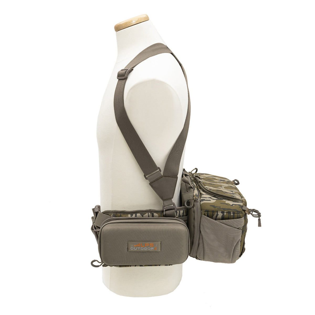 ALPS OutdoorZ Turkey Tracker Hybrid Lumbar/Fanny Pack System Side Image in Mossy Oak Original Bottomland