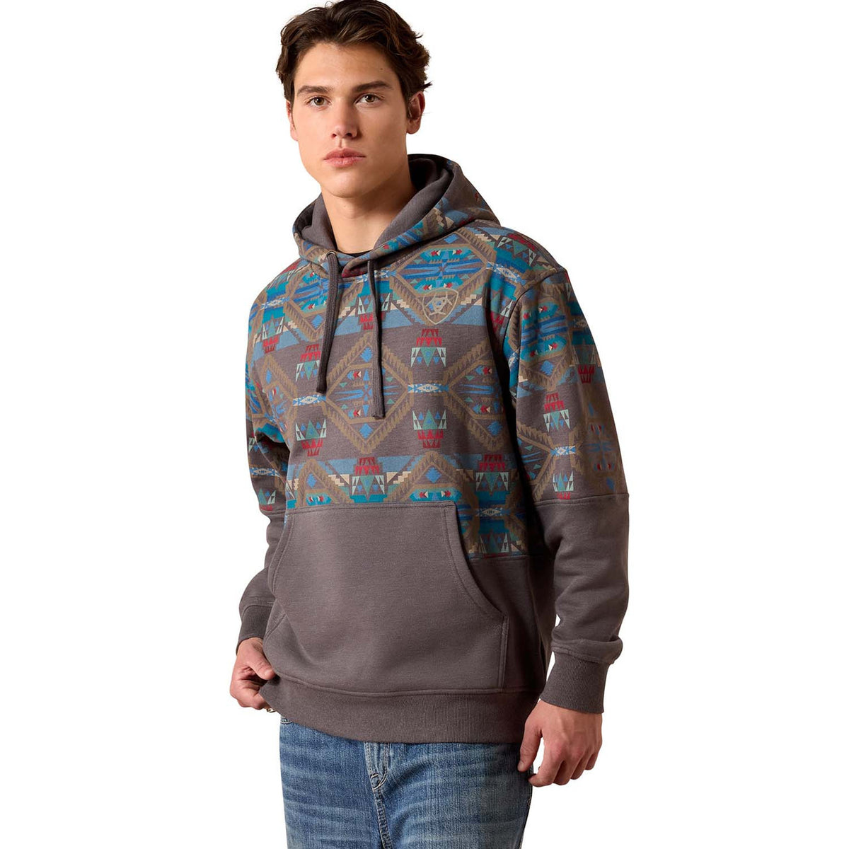 Image of the Ariat Color Block Hoodie in Medium Grey Southwest