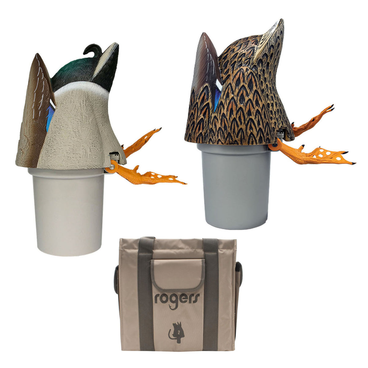 Image of the Avian-X Power Butt Kicker Mallard Drake and Hen Motion Decoys with 2 Slot Water Motion Decoy Bag.