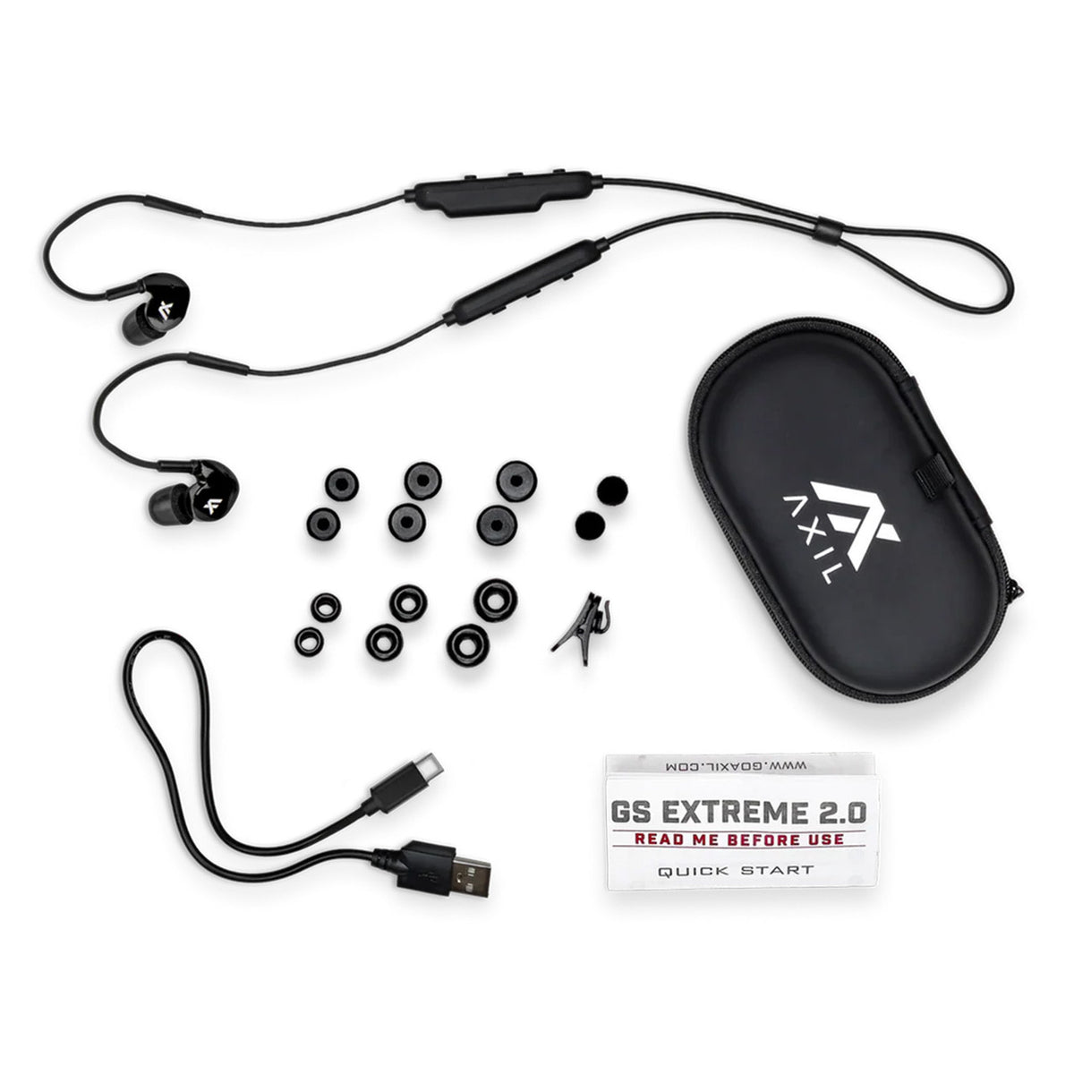 What's All Included Image of the Axil GS Extreme 2.0 Earbuds.
