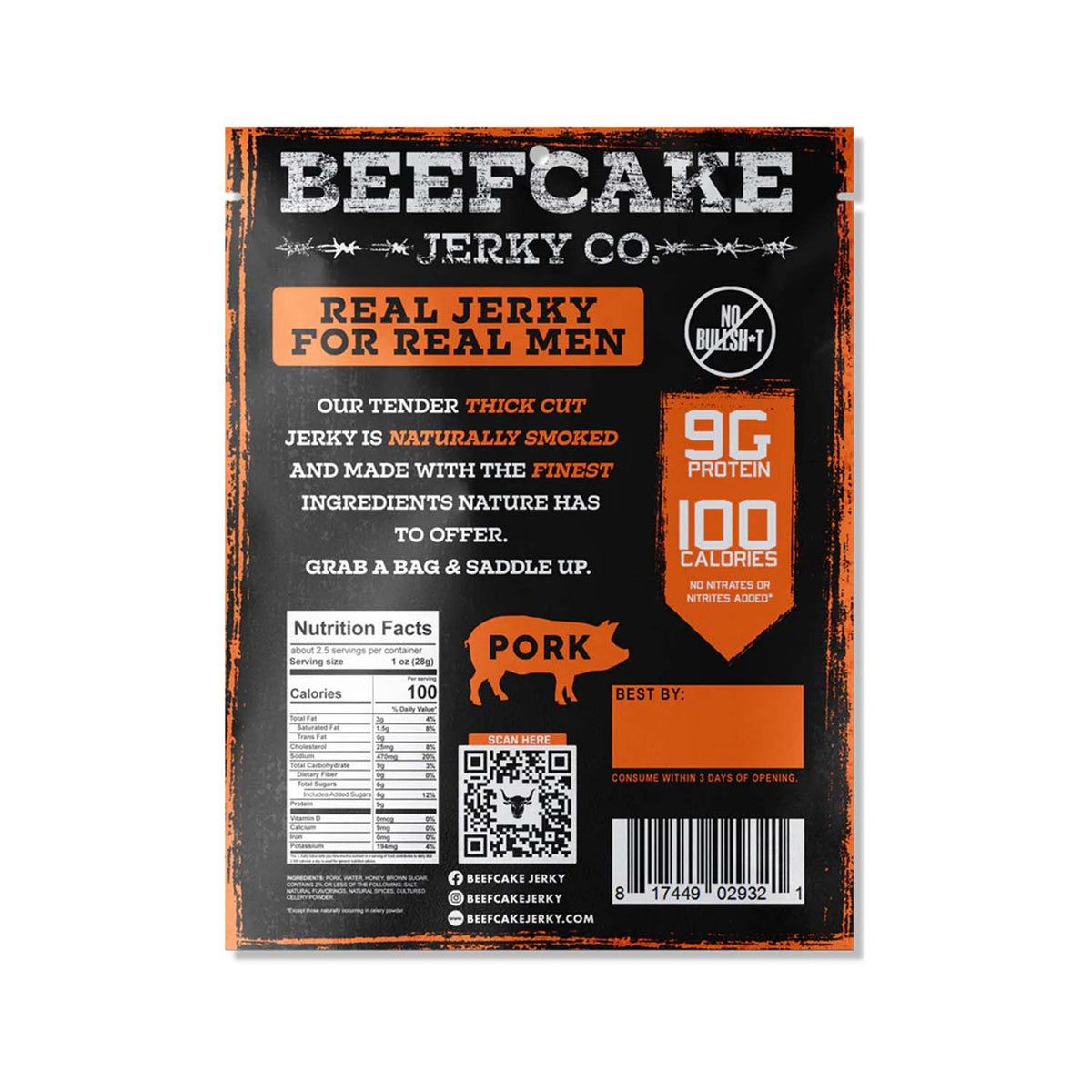 Back image of the Beefcake Jerky Co. Pork Sweet Heat Jerky - 2.7 oz.