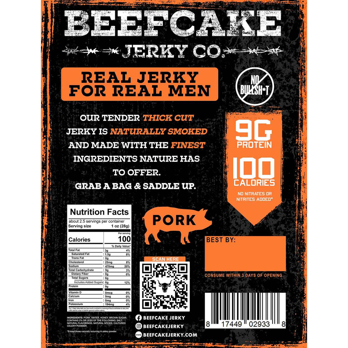 Back image of the Beefcake Jerky Co. Pork Smokehouse Jerky - 2.7 oz.