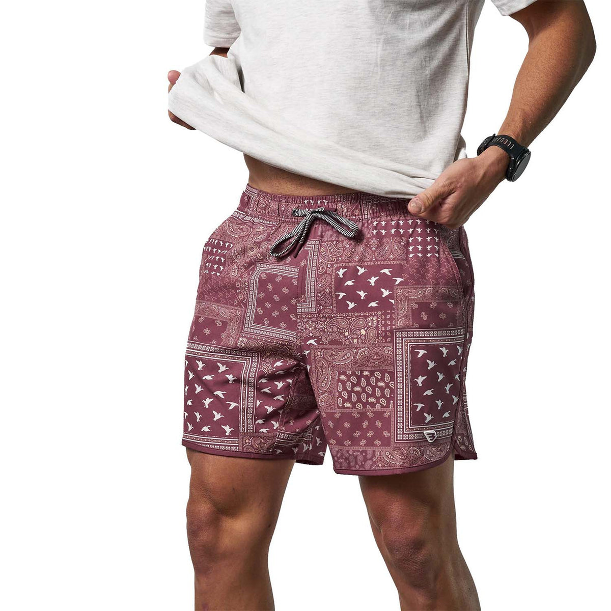 Image of the Burlebo Swim Trunks in Maroon Paisley Duck