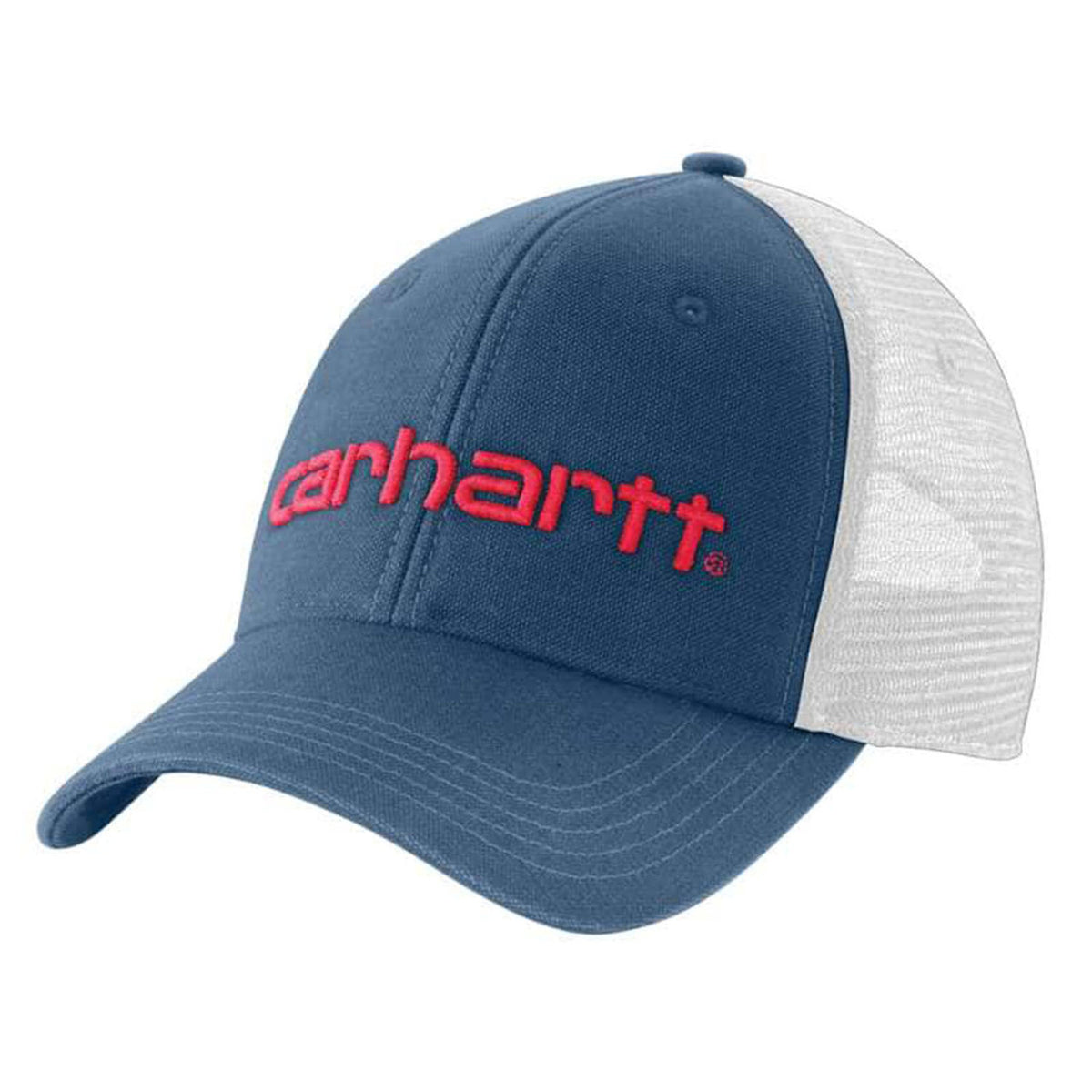 Carhartt Canvas Mesh-Back Logo Cap Image in Deep Ocean Winter Moss