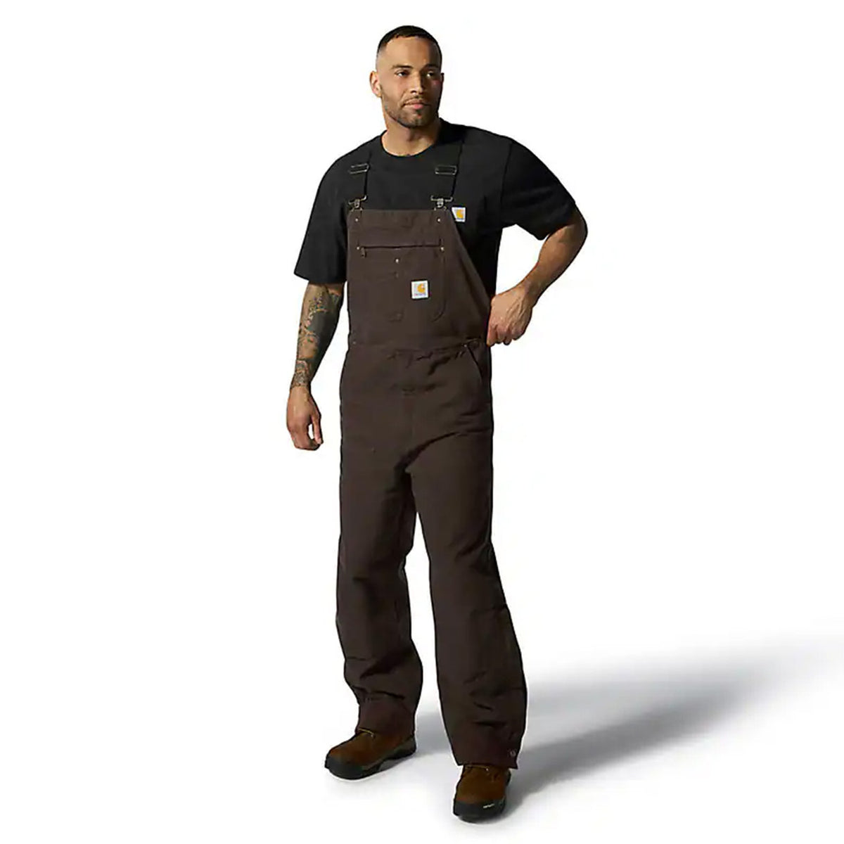 Carhartt Loose Fit Washed Duck Insulated Bib Overall Image in Dark Brown