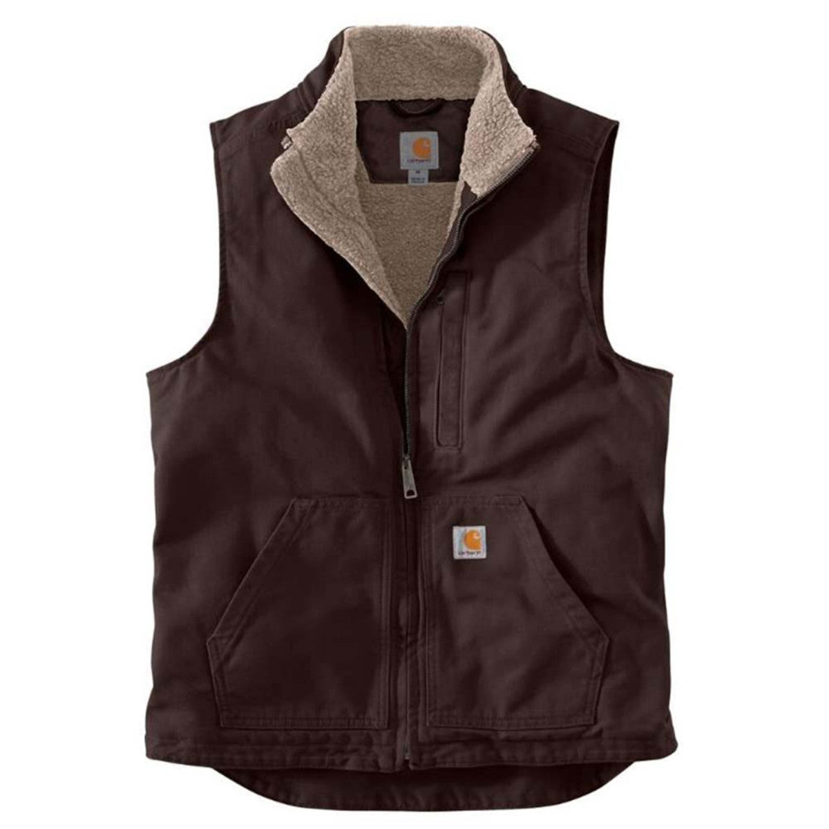 Carhartt Loose Fit Washed Duck Sherpa-Lined Mock-Neck Vest Image in Dark Brown