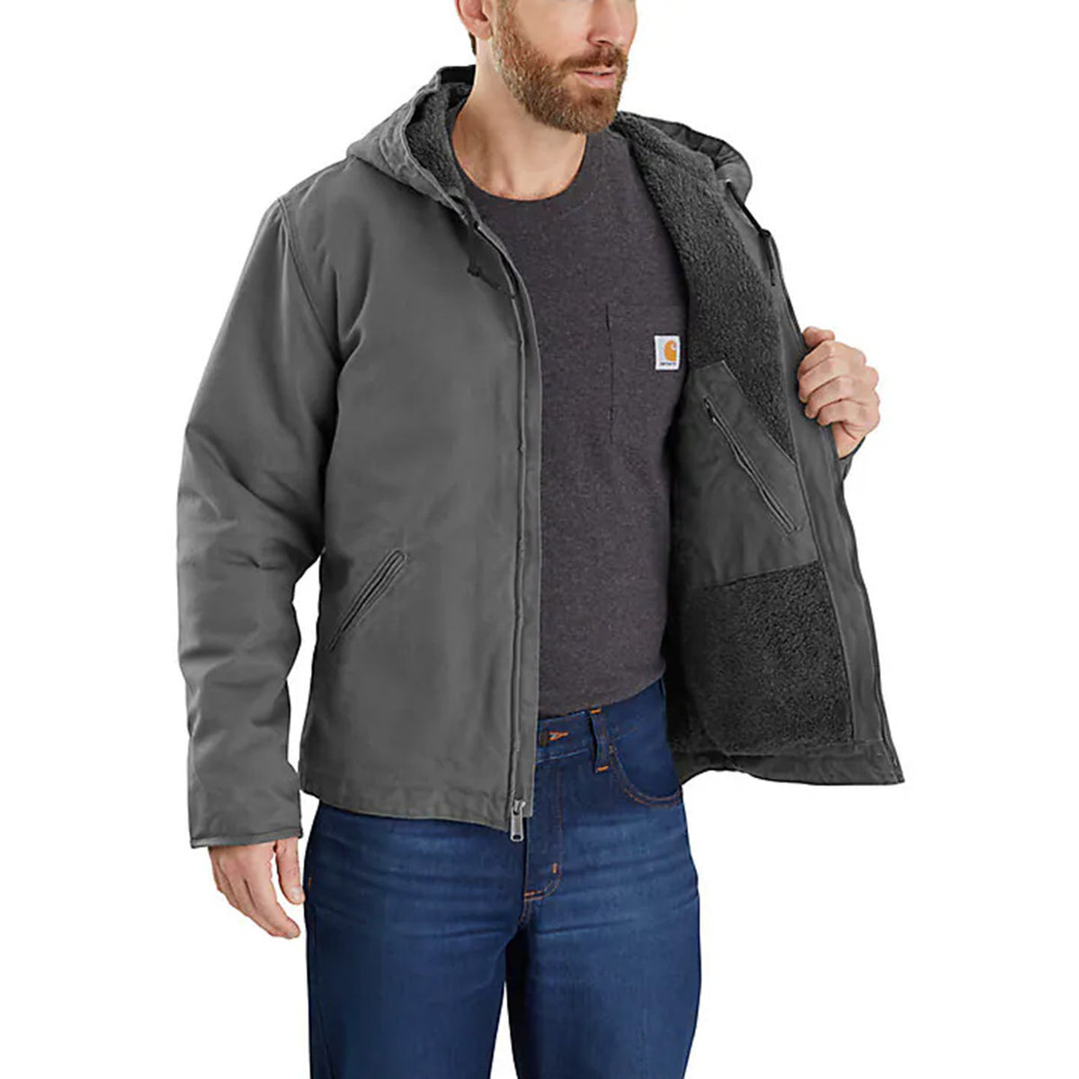 Carhartt Relaxed Fit Washed Duck Sherpa-Lined Jacket Inside Image in Gravel Carhartt Brown