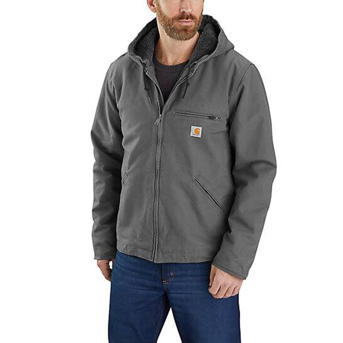 Carhartt Relaxed Fit Washed Duck Sherpa-Lined Jacket Image in Gravel Carhartt Brown