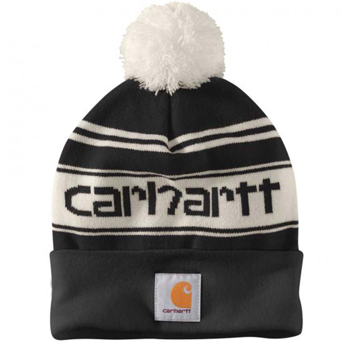 Carhartt Knit Pom-Pom Cuffed Logo Beanie Image in Black Red-Winter White