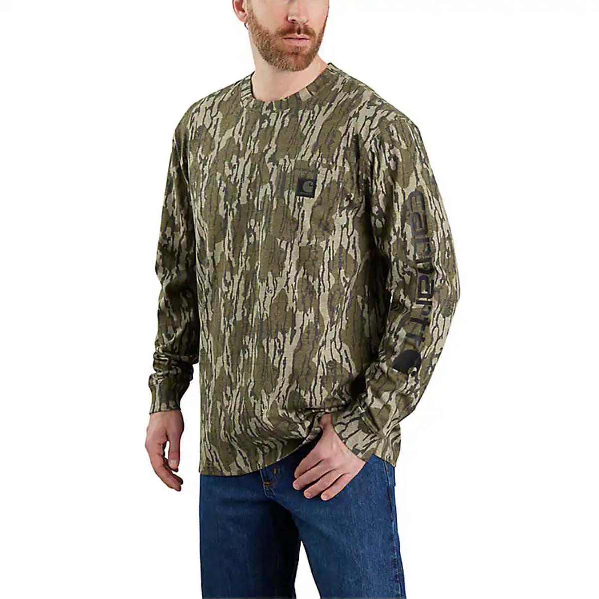 Carhartt Loose Fit Heavyweight Camo Long Sleeve Graphic T-Shirt Front Model Image