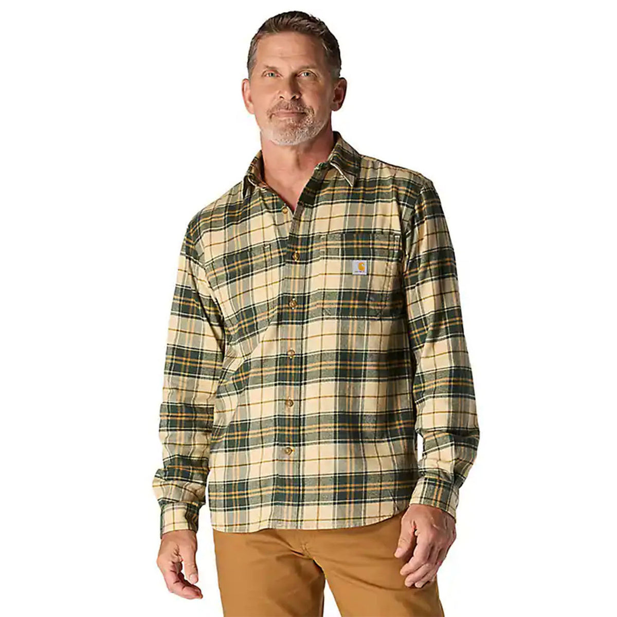 Carhartt Rugged Flex Relaxed Fit Midweight Flannel Long Sleeve Plaid Shirts image in Forestry Green