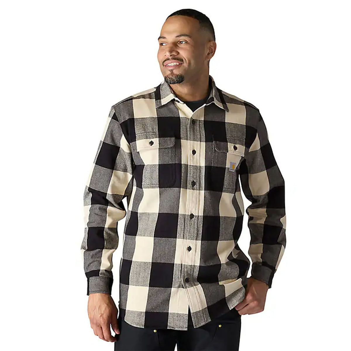 Carhartt Loose Fit Heavyweight Flannel Long Sleeve Plaid Shirt image in Oat Milk