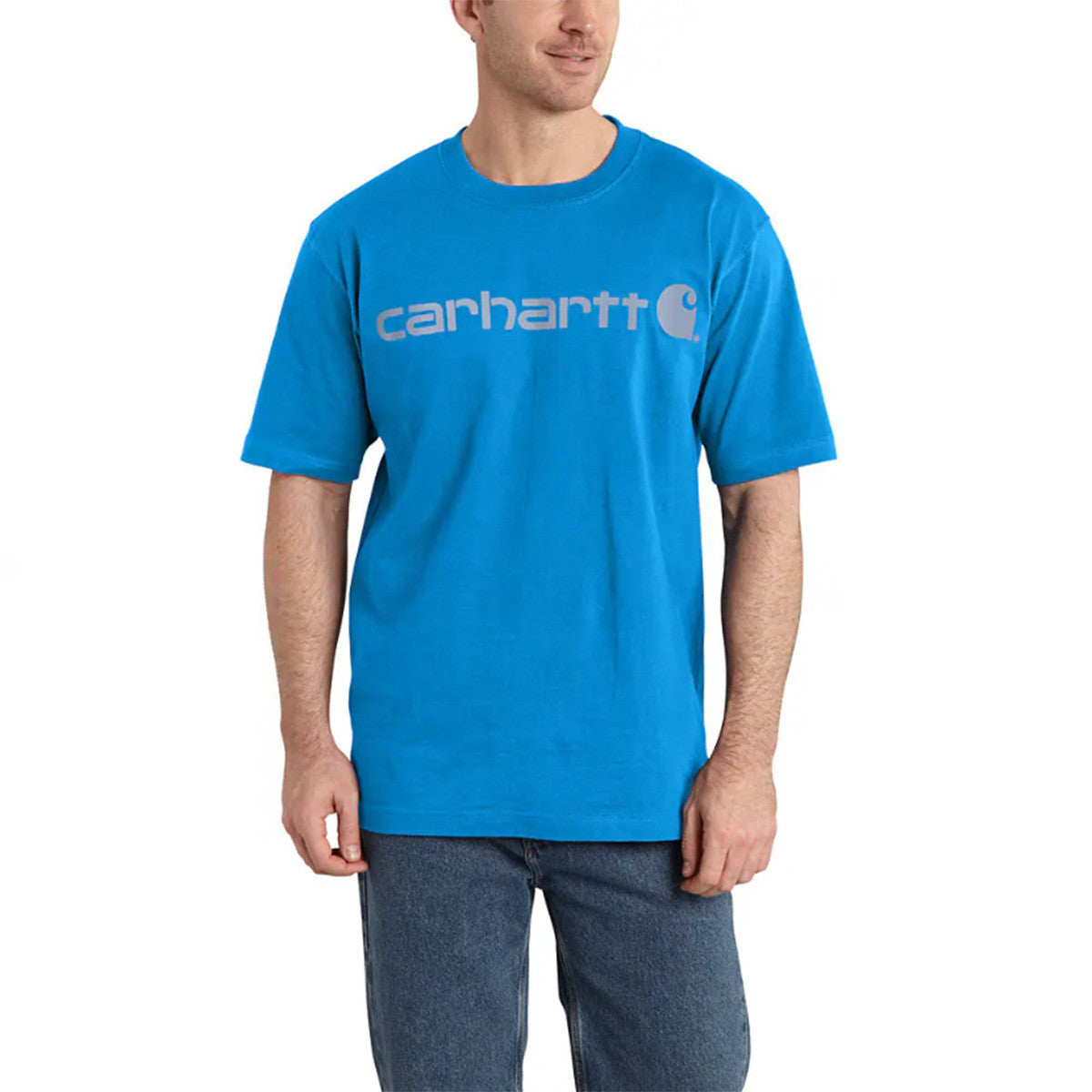 Carhartt Loose Fit Heavyweight Short Sleeve Logo Graphic T-Shirt Image in Blue Glow Summer Blue Heather