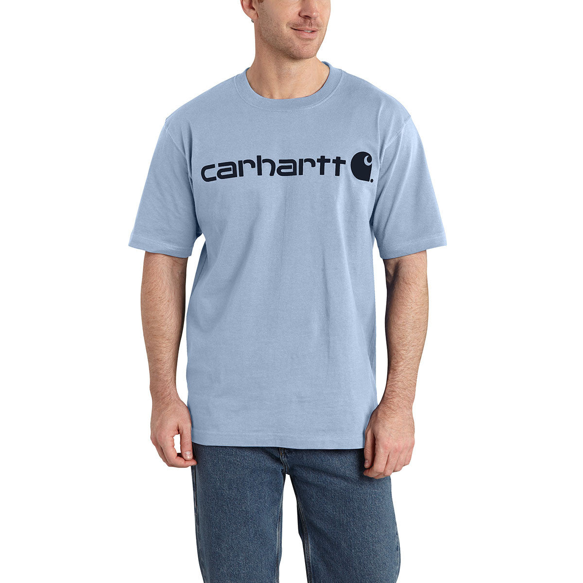 Carhartt Loose Fit Heavyweight Short Sleeve Logo Graphic T-Shirt Image in Fog Blue Summer Blue Heather
