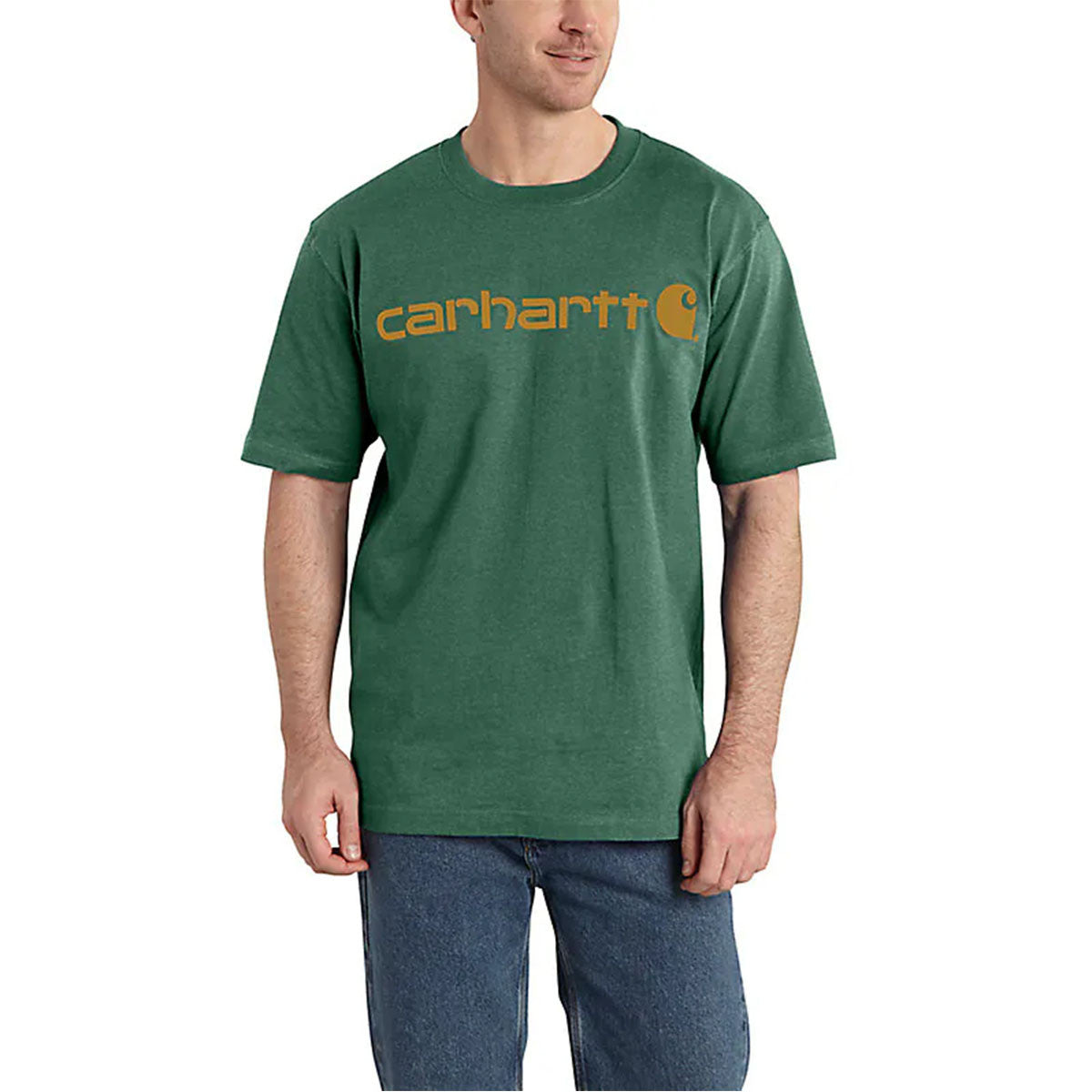 Carhartt Loose Fit Heavyweight Short Sleeve Logo Graphic T-Shirt Image in Frosted Balsam Heather Summer Blue Heather