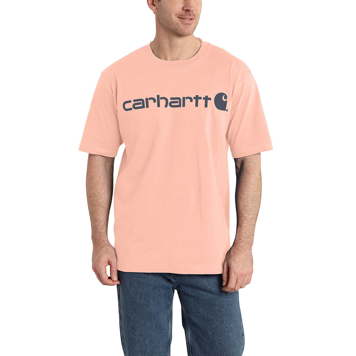Carhartt Loose Fit Heavyweight Short Sleeve Logo Graphic T-Shirt Image in Tropical Peach Summer Blue Heather