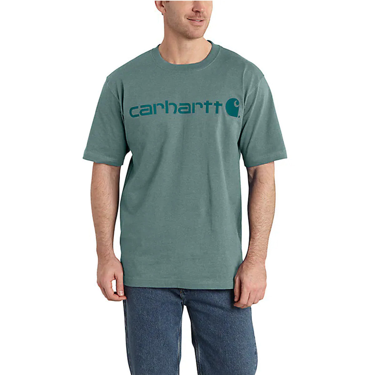 Carhartt Loose Fit Heavyweight Short Sleeve Logo Graphic T-Shirt Image in Sea Pine Heather