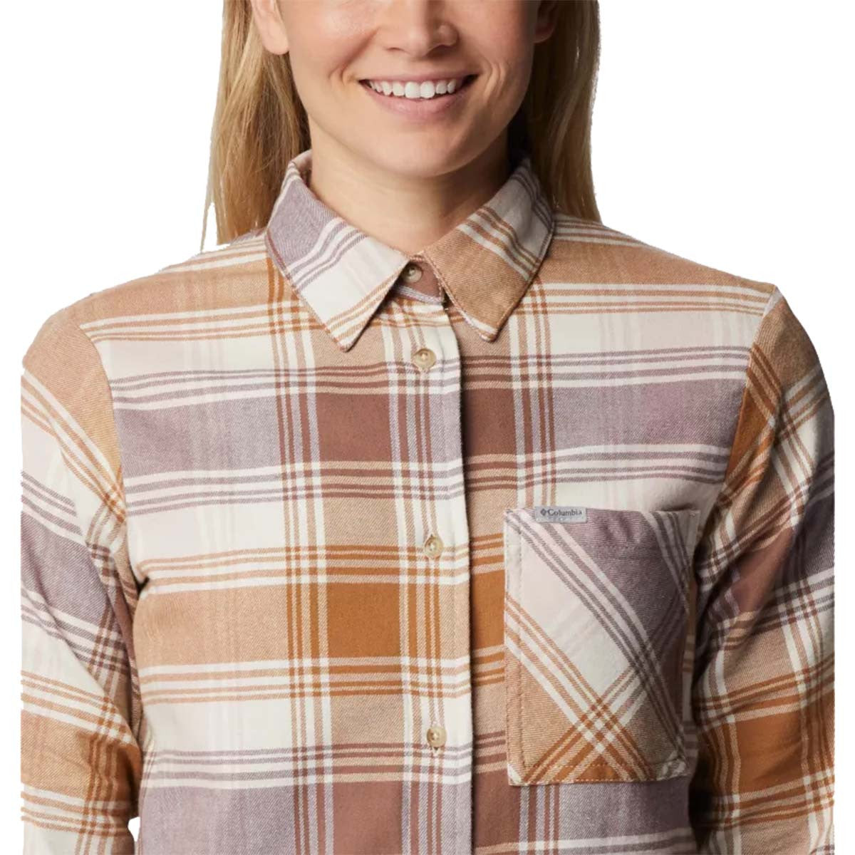 Women's Calico Basin Flannel Long Sleeve Shirt Chest Image in Dusty Pink Dimensional Buffalo