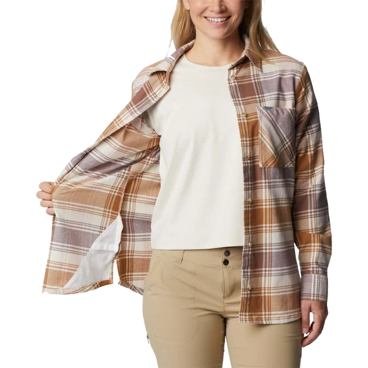Women's Calico Basin Flannel Long Sleeve Shirt Inside Image in Dusty Pink Dimensional Buffalo