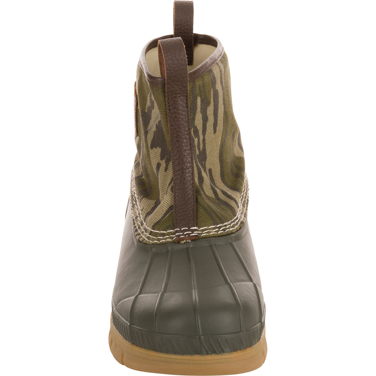 Drake Waterfowl Throwback 80 Waxed Canvas Pull On Duck Boot Front Image in Mossy Oak Original Bottomland