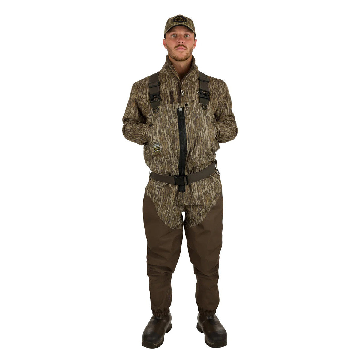 Drake Uninsulated Guardian Elite HND Front Zip Wader Model Image in Mossy Oak Bottomland