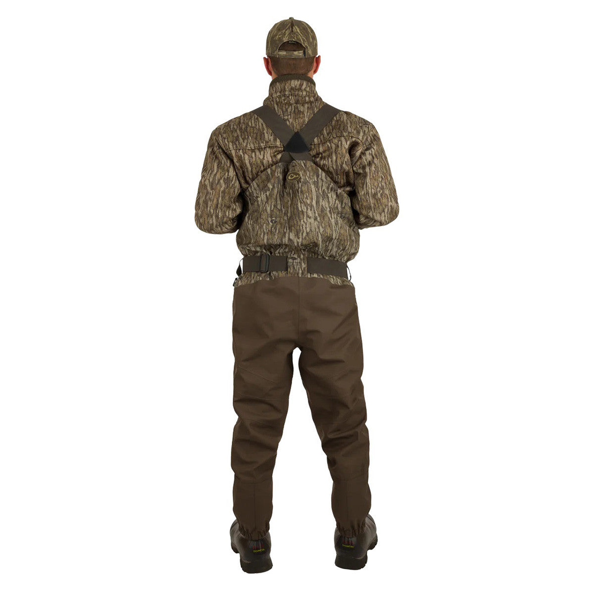 Drake Uninsulated Guardian Elite HND Front Zip Wader Model Image in Mossy Oak Bottomland