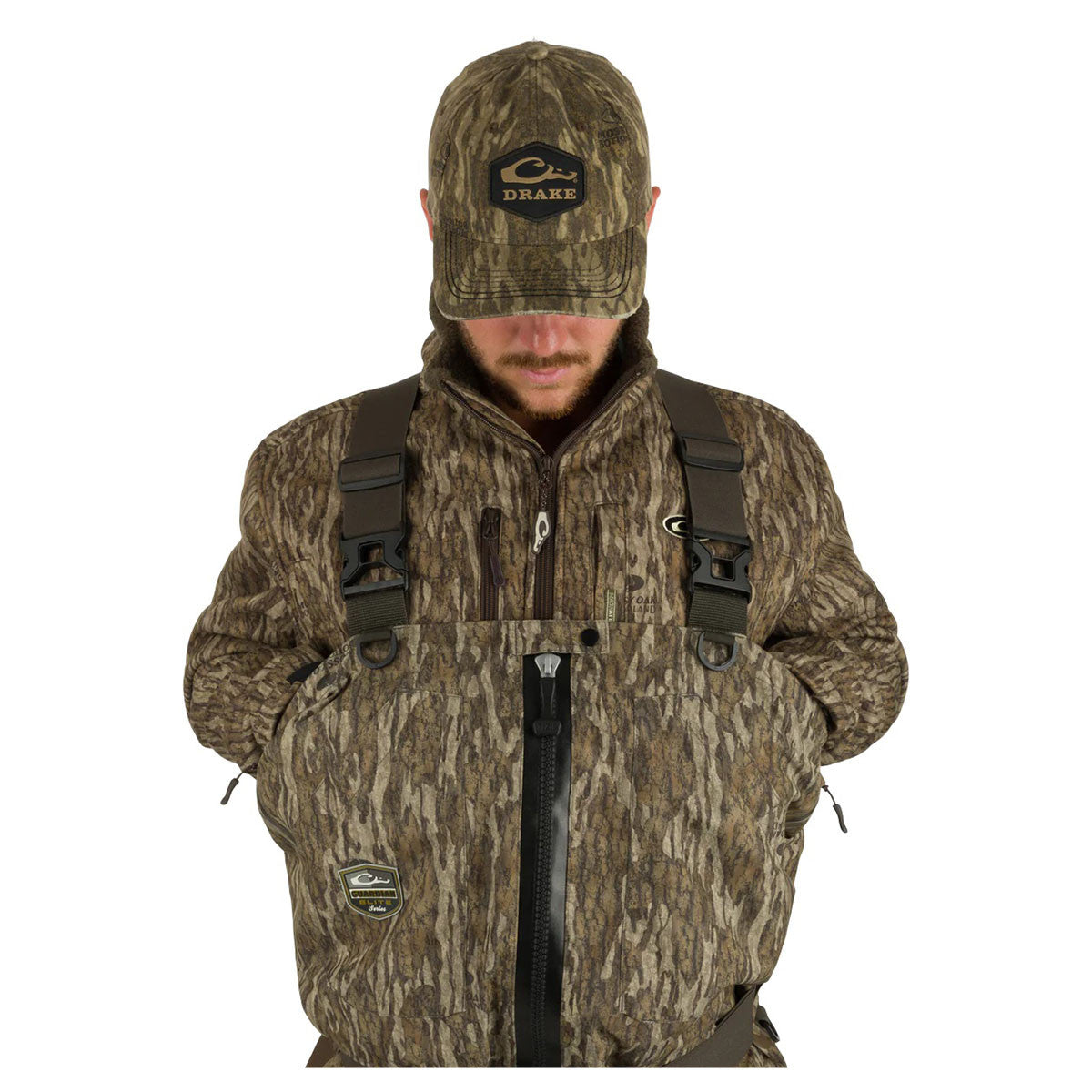Drake Uninsulated Guardian Elite HND Front Zip Wader Handwarmer Image in Mossy Oak Bottomland
