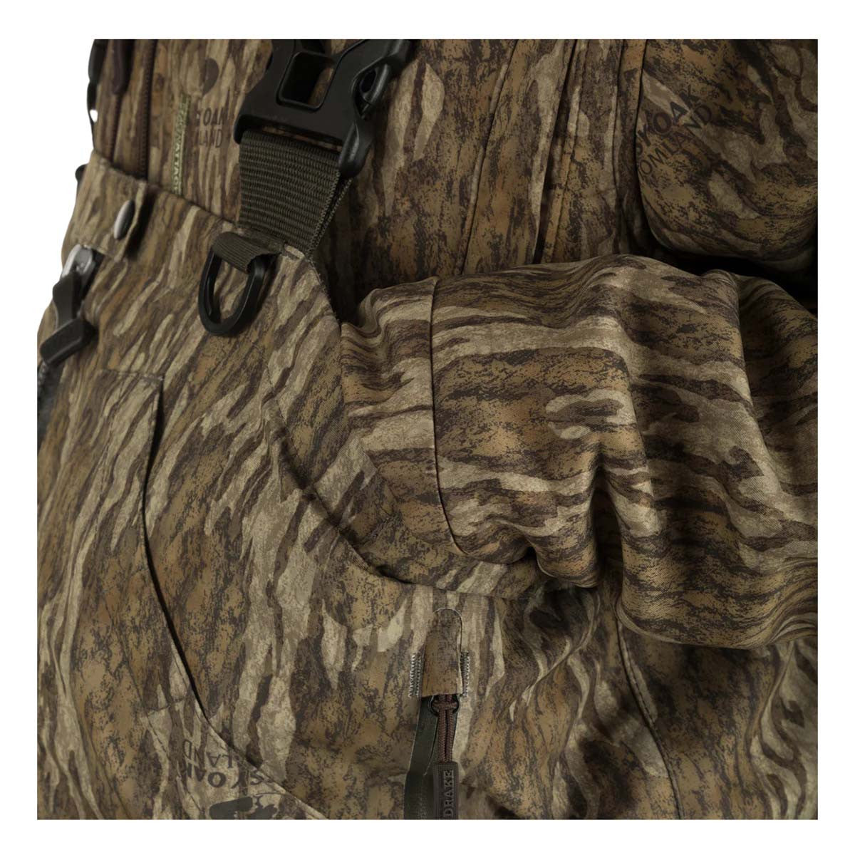 Drake Uninsulated Guardian Elite HND Front Zip Wader Handwarmer Closeup Image in Mossy Oak Bottomland
