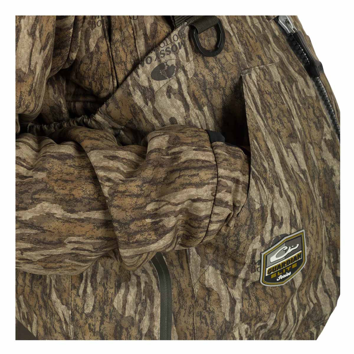 Drake Uninsulated Guardian Elite HND Front Zip Wader Pocket Image in Mossy Oak Bottomland