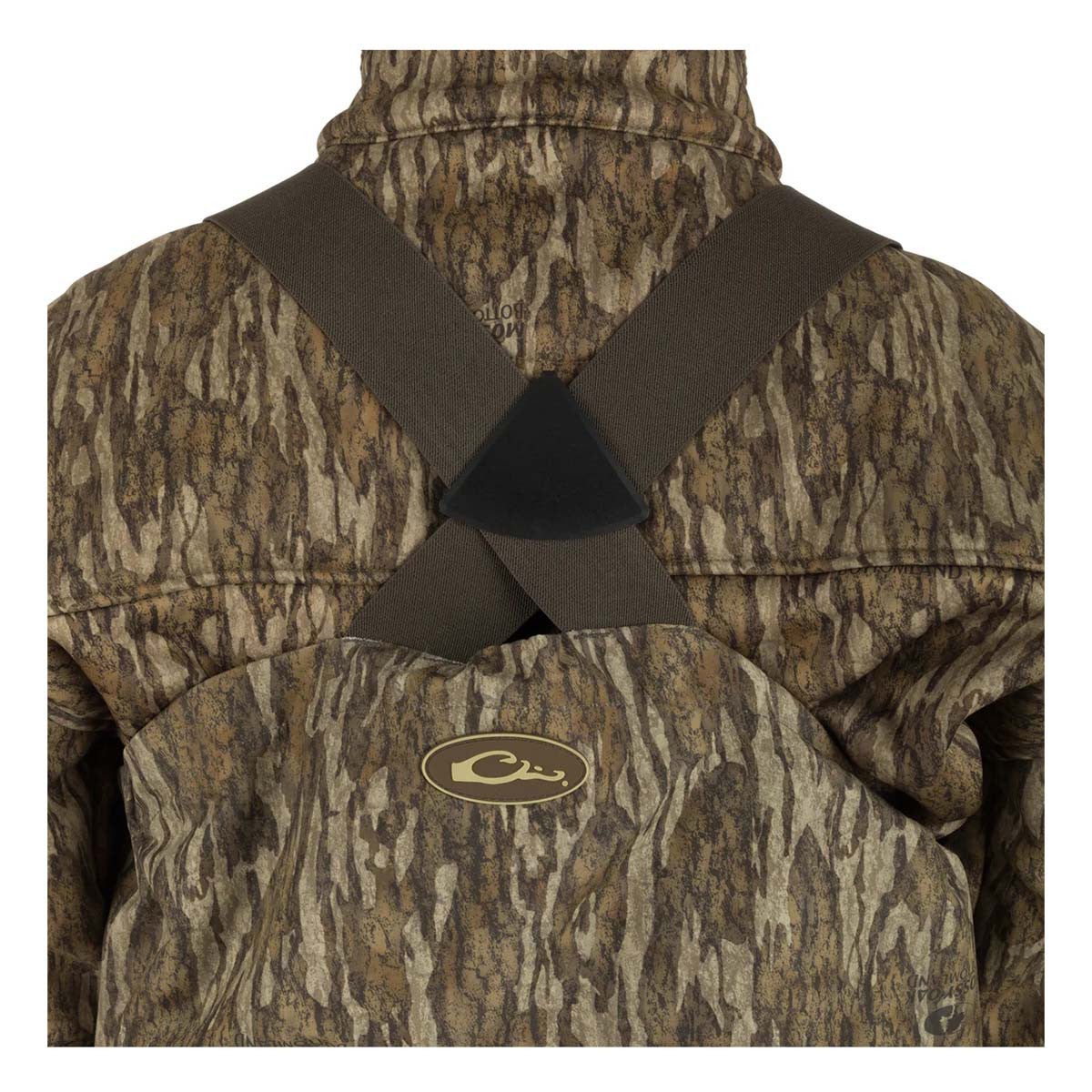Drake Uninsulated Guardian Elite HND Front Zip Wader Back Strap Image in Mossy Oak Bottomland