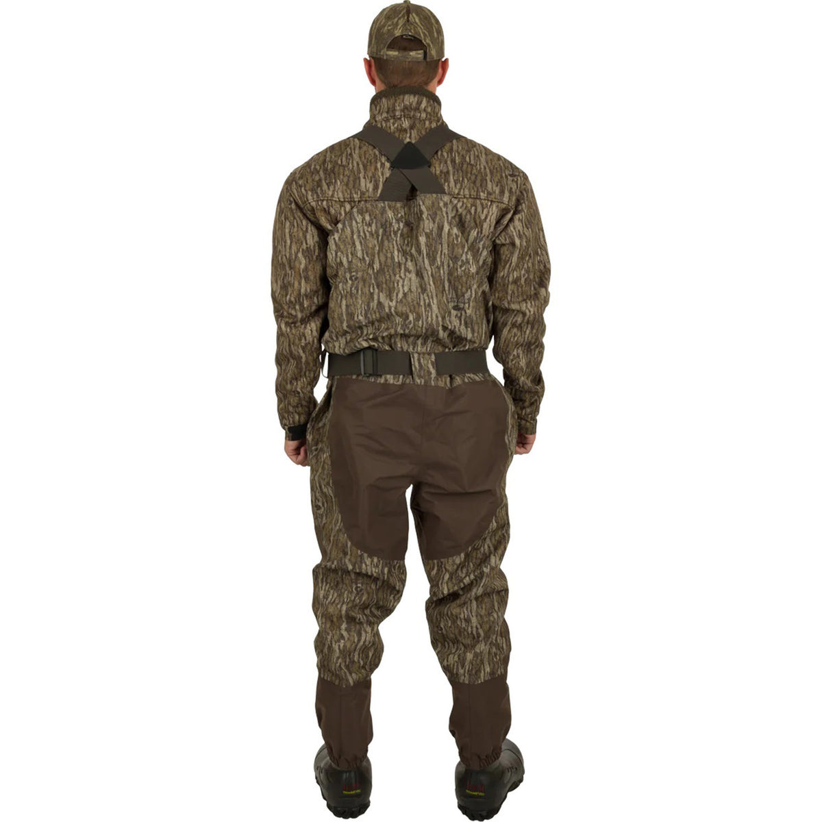 Drake Insulated Guardian Elite Vanguard Breathable Waders Back Model Image in Mossy Oak Bottomland