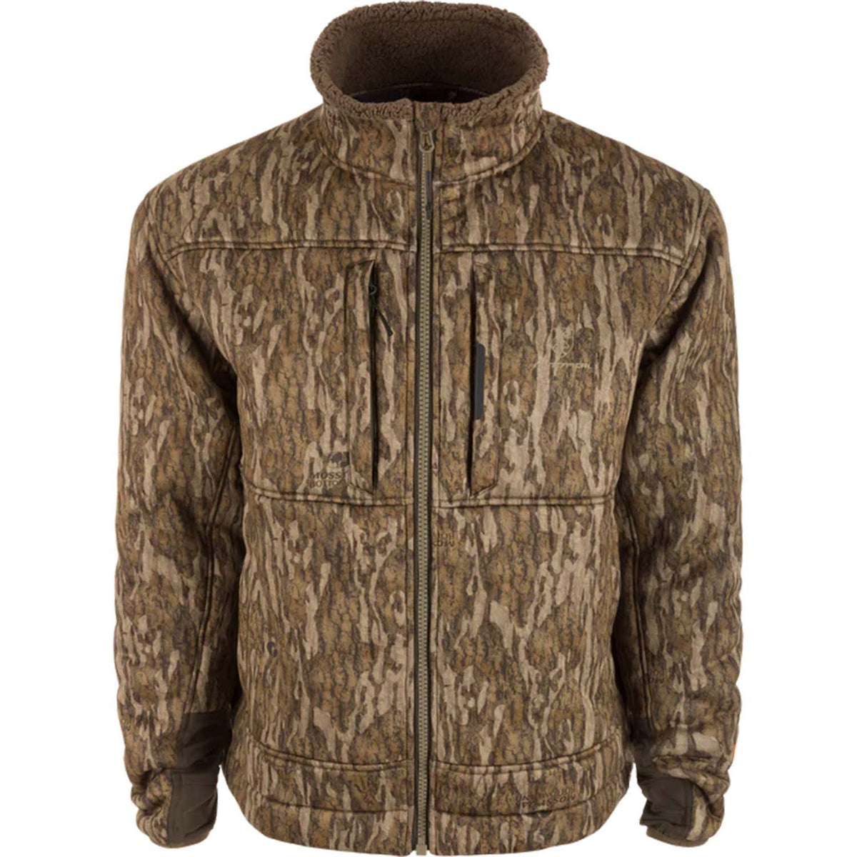 Drake Midweight Nova Silencer Jacket with Scent Control Image in Mossy Oak Bottomland