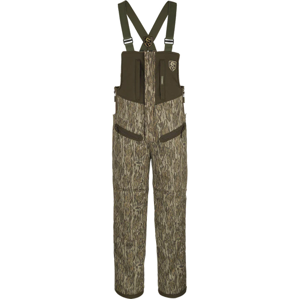 Drake Waterfowl Standstill Windproof Bib with Agion Active XL Image in Mossy Oak Bottomland