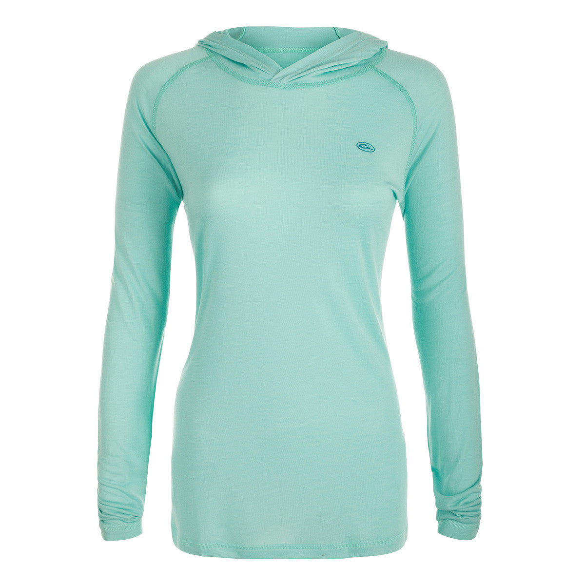 Drake Women's Lauren Mountain Bamboo Long Sleeve Hoodie Front Image in Aqua Haze Heather