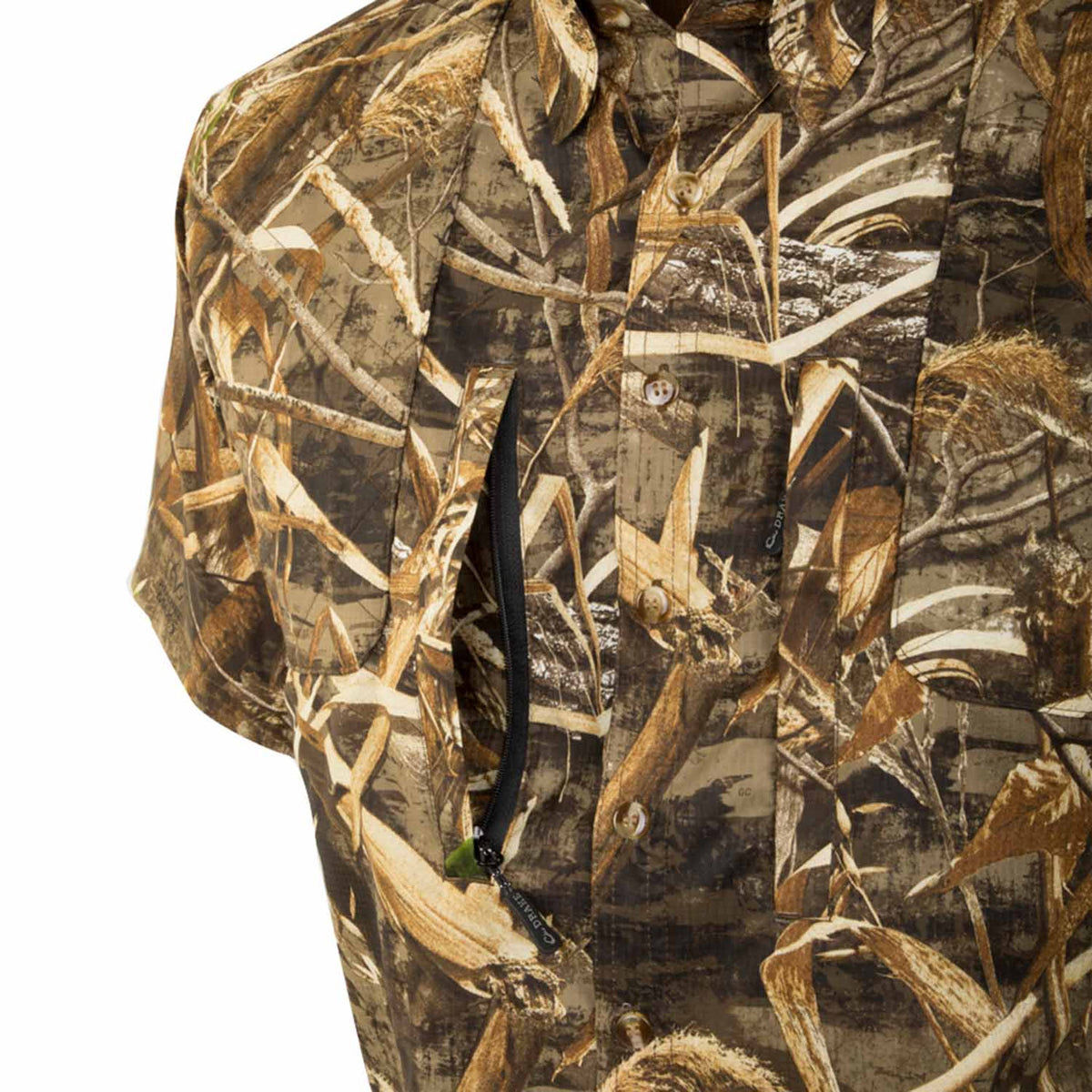 Drake Waterfowl Short-Sleeve Shooter's Shirt Chest Pocket Image in Realtree Max 5