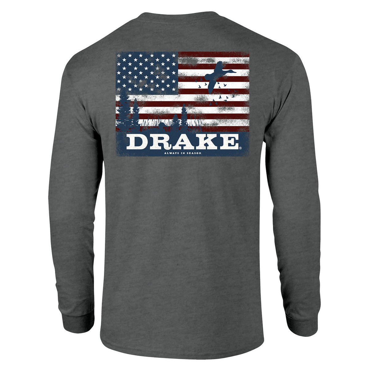 Drake Waterfowl Americana Scenic Long Sleeve T-Shirt Back Image in Graphite Heather