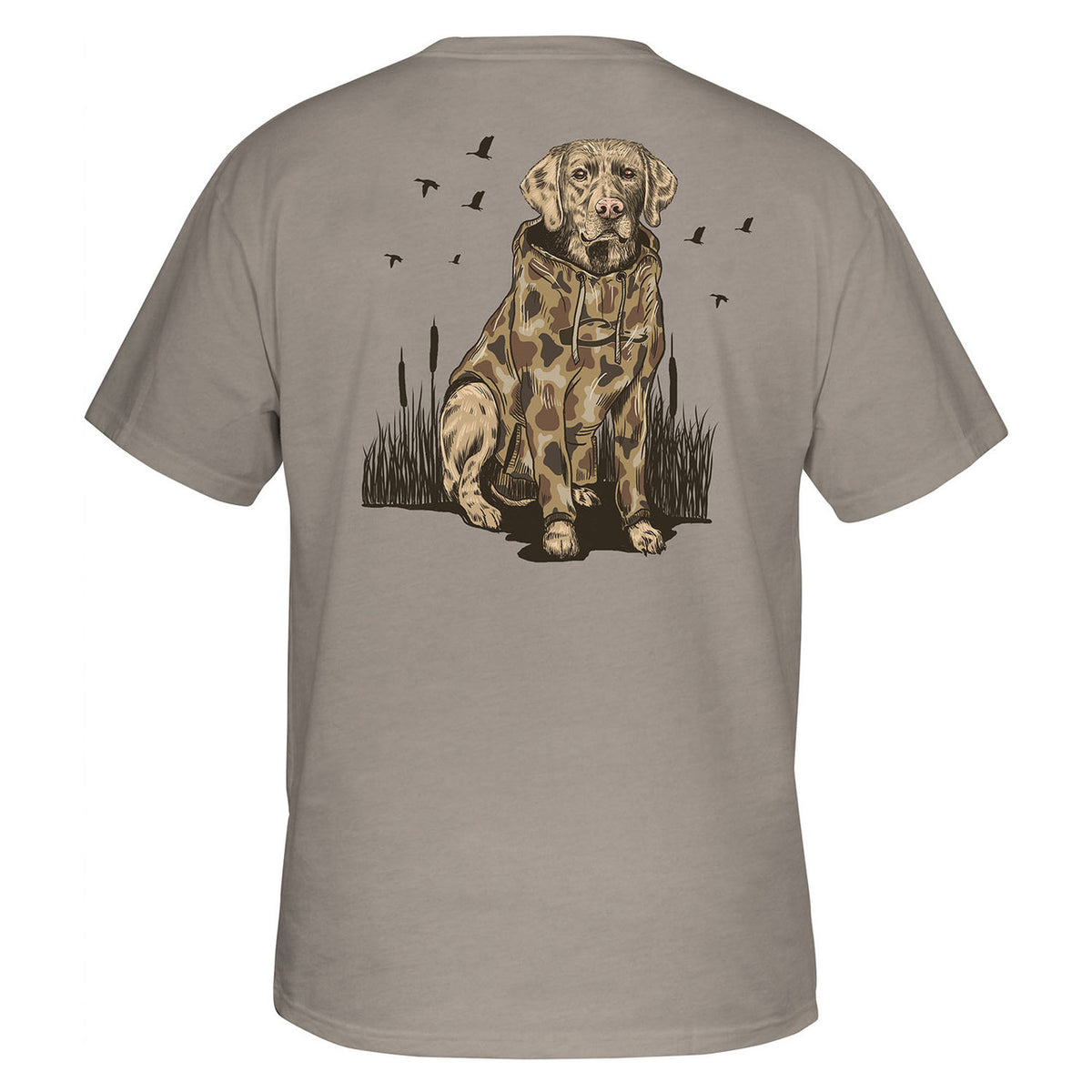 Drake Waterfowl Old School Lab Short Sleeve T-Shirt Back Image in Island Fossil Light Heather