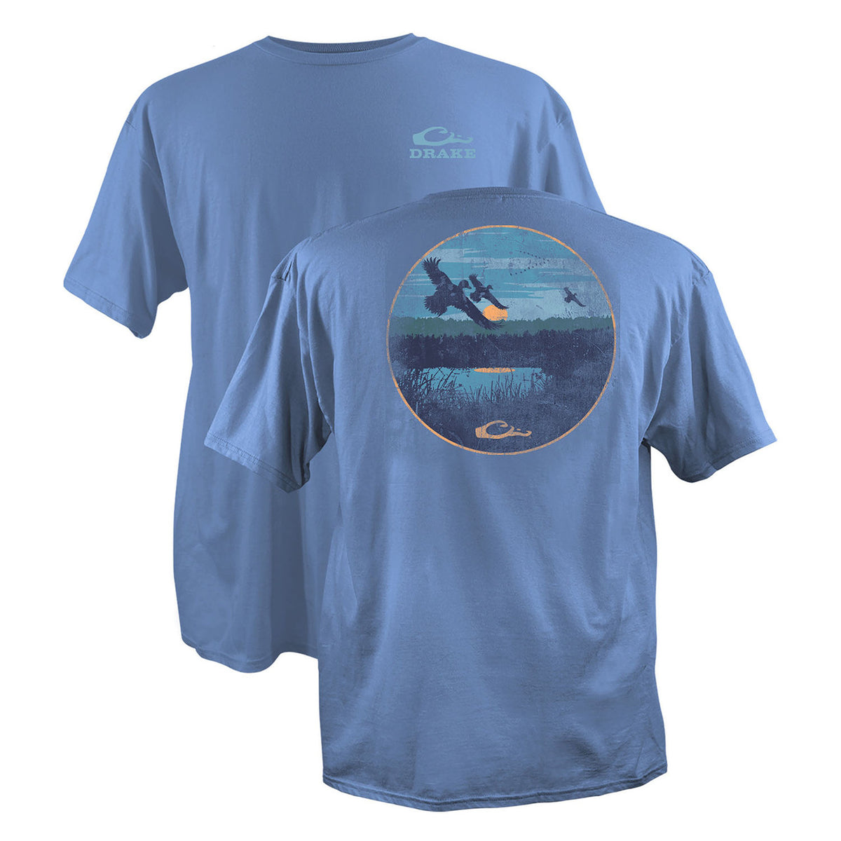 Front and Back Image of the Drake Waterfowl Marsh Scenic Cotton T-Shirt.