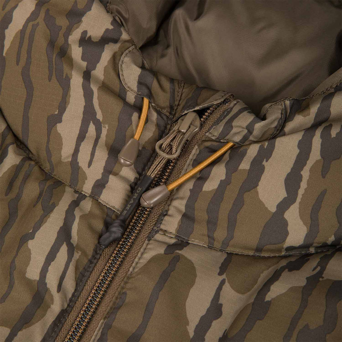 Hood Pull and Zipper Image of the Drake Waterfowl BMF Down Jacket.