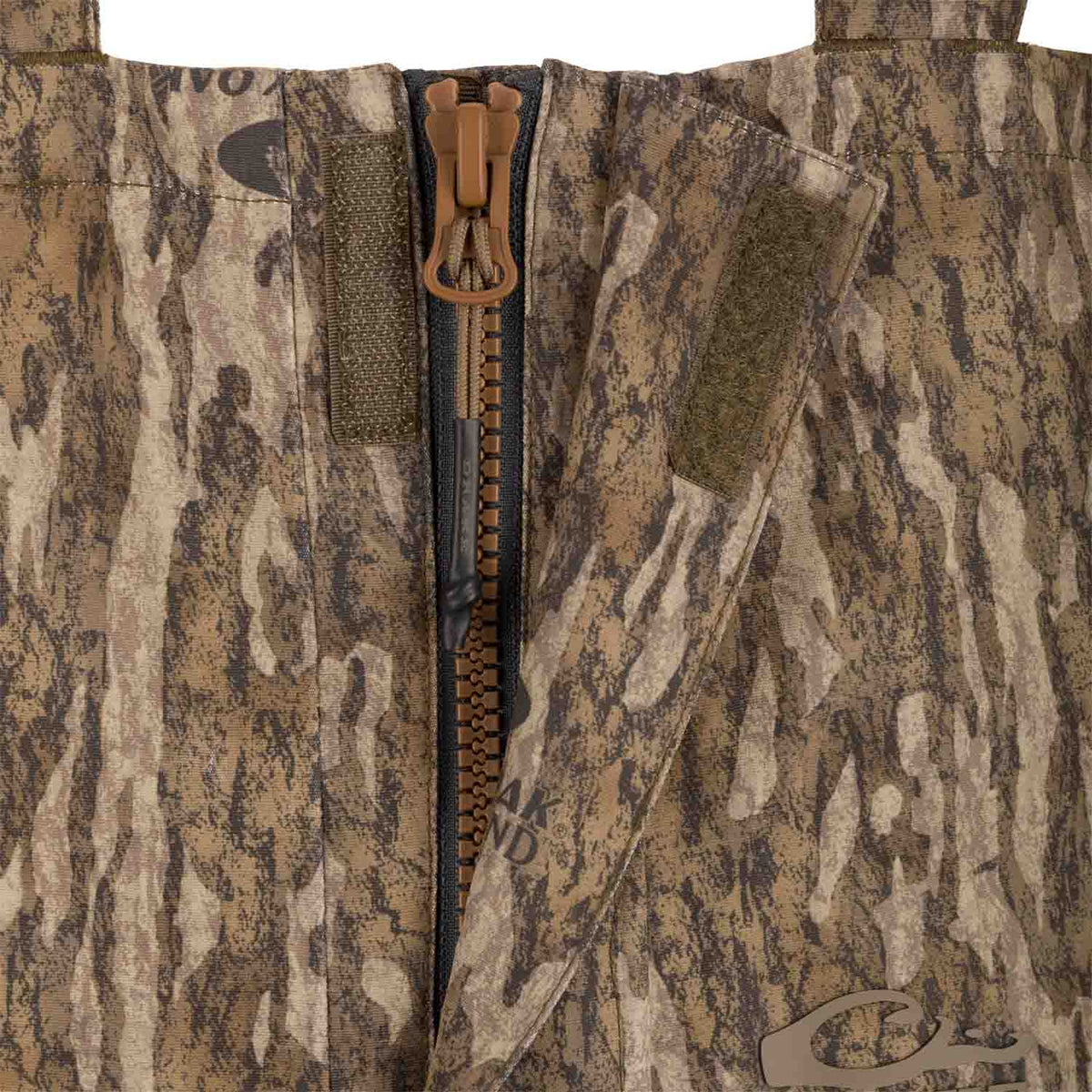 Drake Waterfowl LST Hardline Insulated Bib Main Zipper Image.