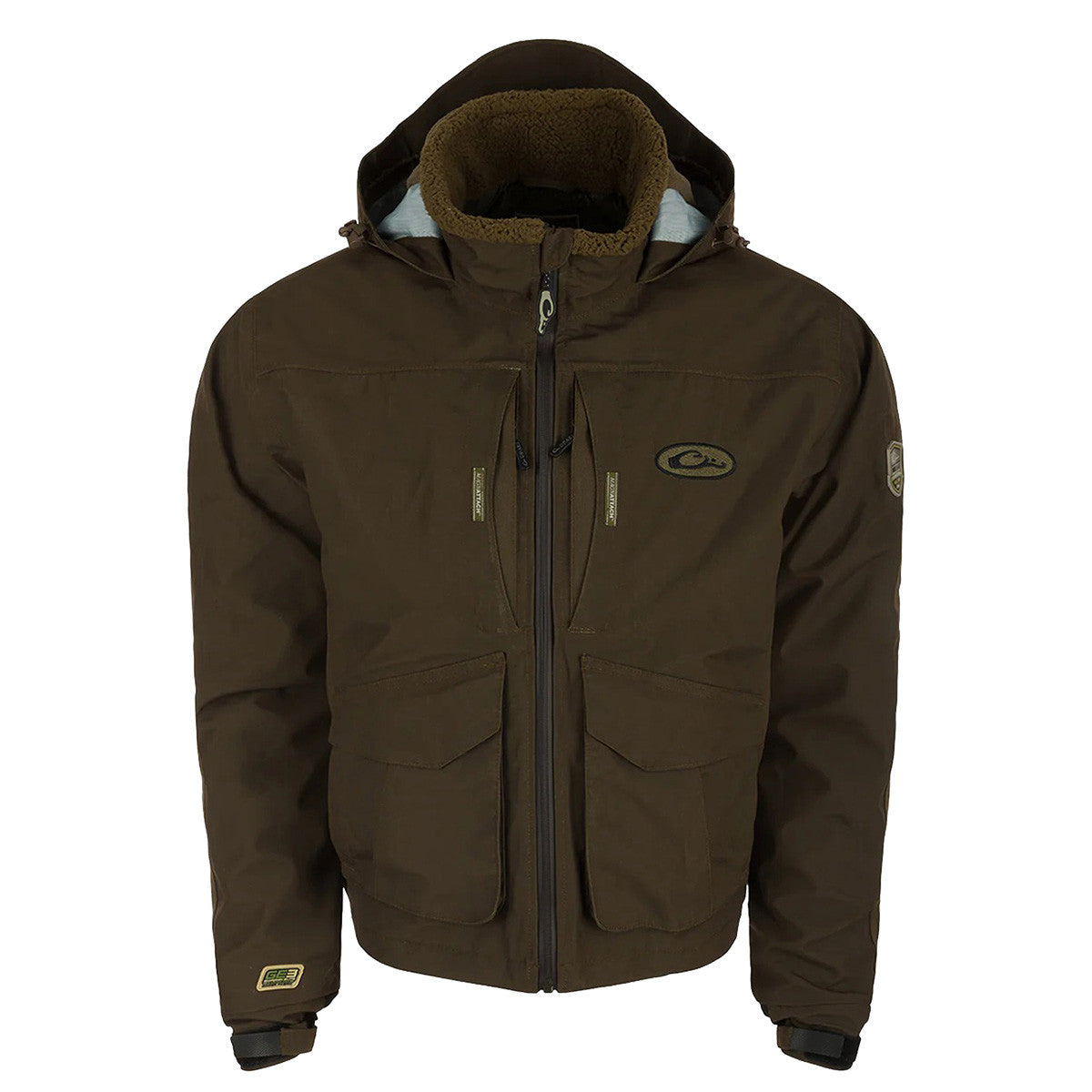 Drake Waterfowl LST Insulated Timber Jacket Front Image in Green Timber