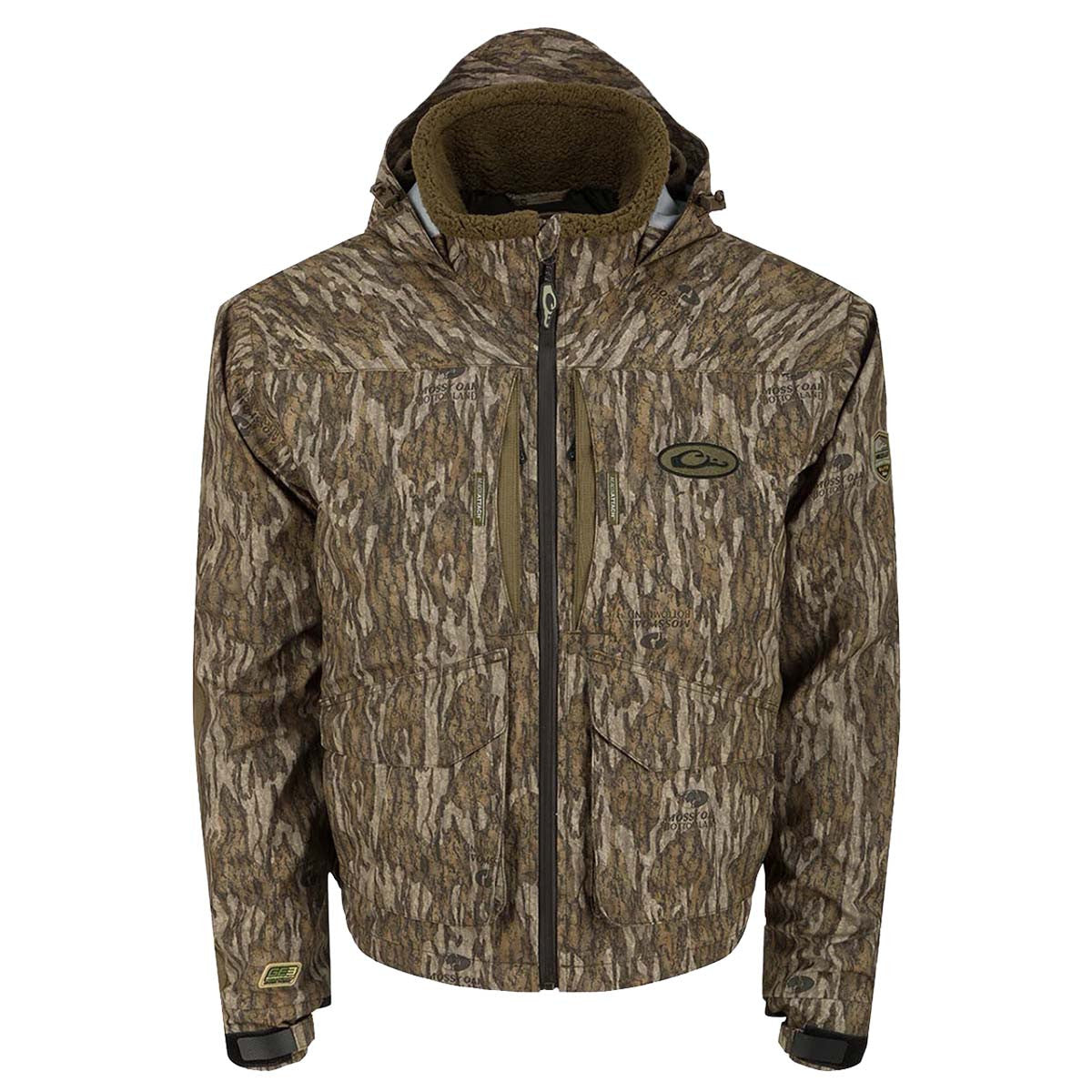 Drake Waterfowl LST Insulated Timber Jacket Front Image in Mossy Oak Bottomland