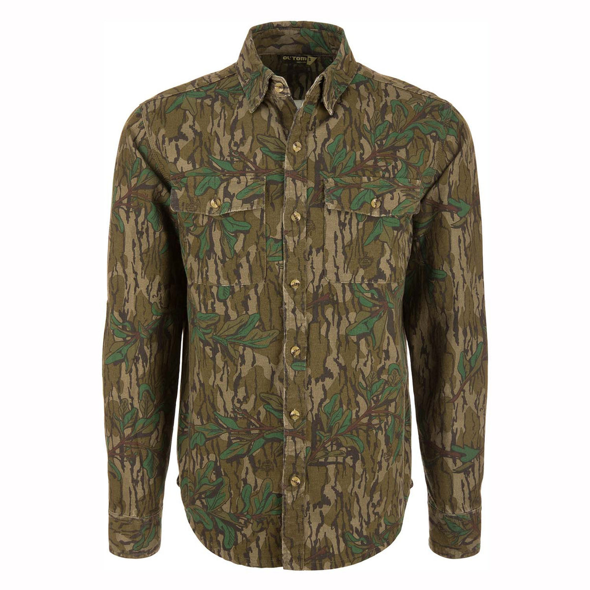 Drake Waterfowl Throwback 80 Button-Down Field Shirt Front Image in Mossy Oak Greenleaf.