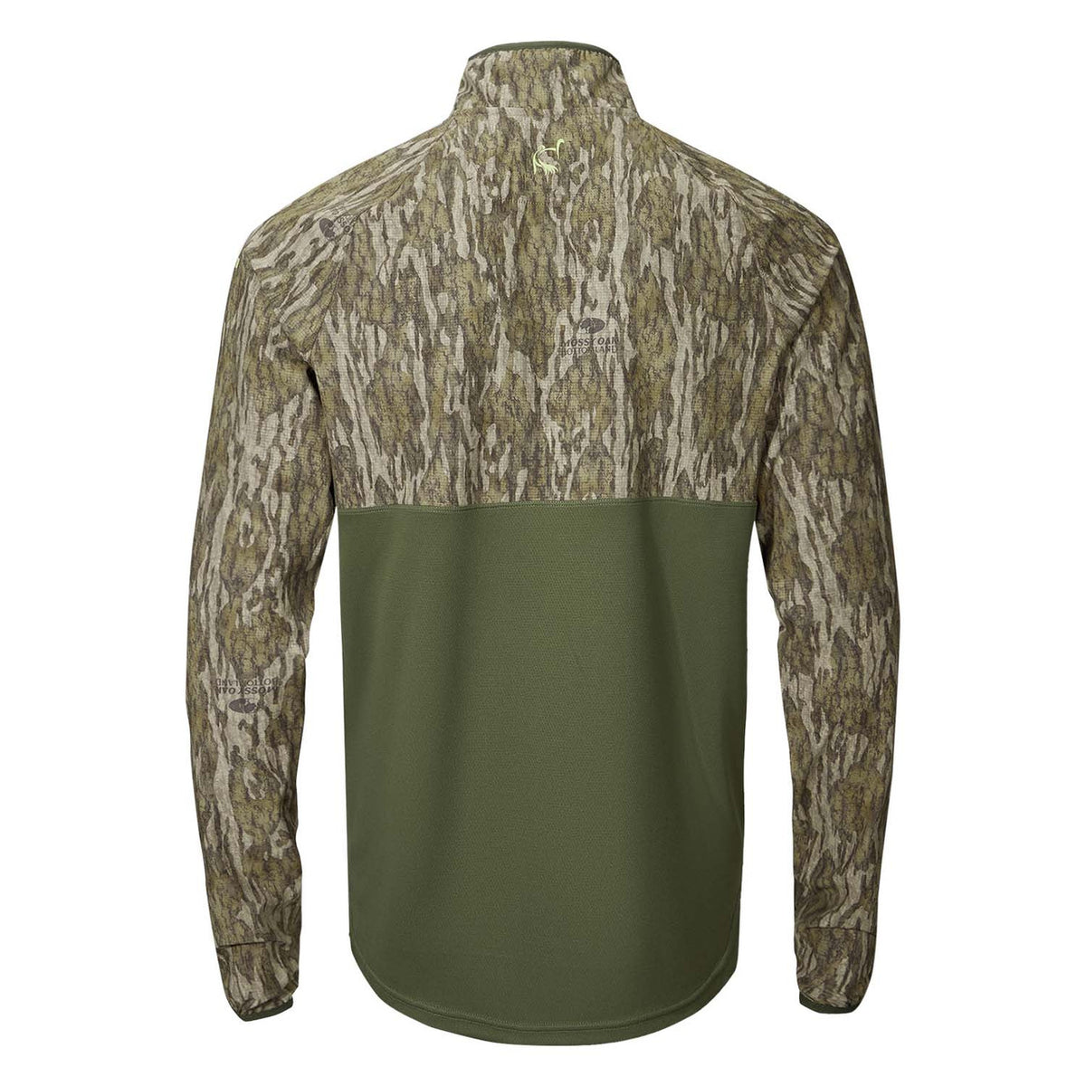 Drake Waterfowl Eqwader Half Zip Pullover with Spider Web Technology Back Image in Mossy Oak Bottomland