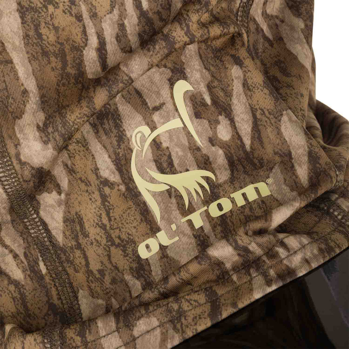 Drake Waterfowl Performance Stretch-Fit Half Mask Logo Image in Mossy Oak Bottomland.