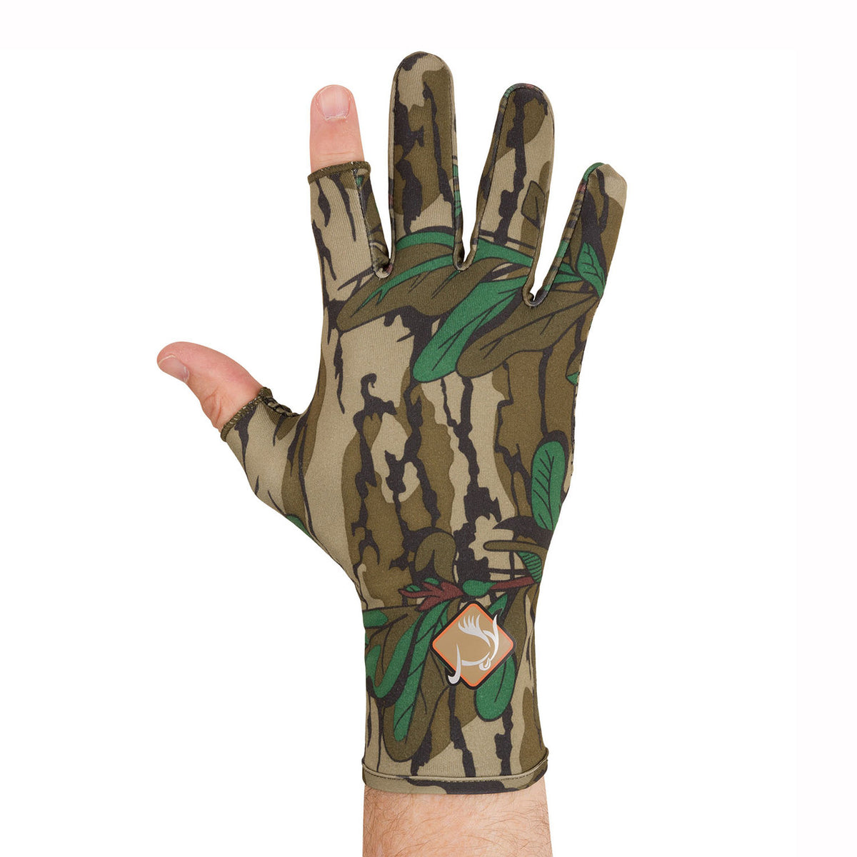 Drake Waterfowl Performance Stretch-Fit Shooter Turkey Gloves Right Hand Image in Mossy Oak Greenleaf