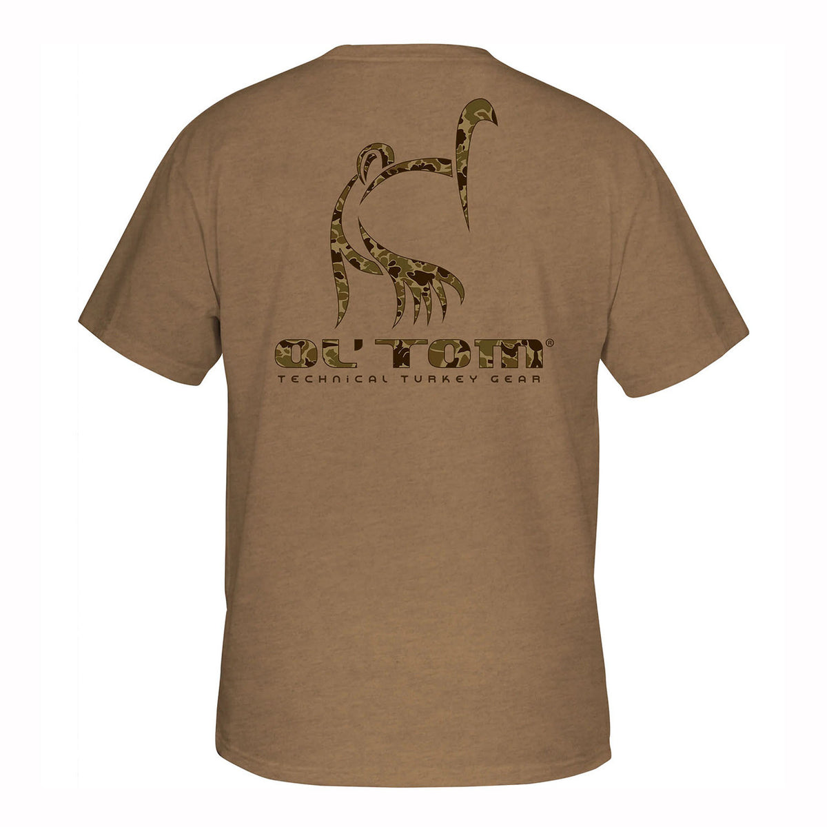 Drake Waterfowl Classic Ol' Tom Logo T-Shirt Back Image in Golden Pecan Heather