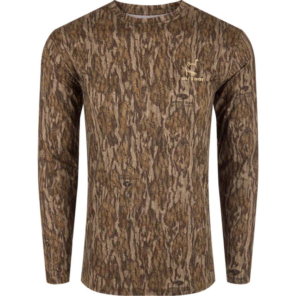 Image of Drake Performance Camo Long Sleeve Crew in Mossy Oak Bottomland.